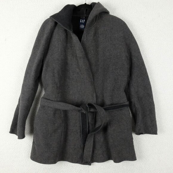 Gap Hoodie Womens Small Gray Open Belted Wool Blend Lightweight Hooded Casual - Picture 1 of 8